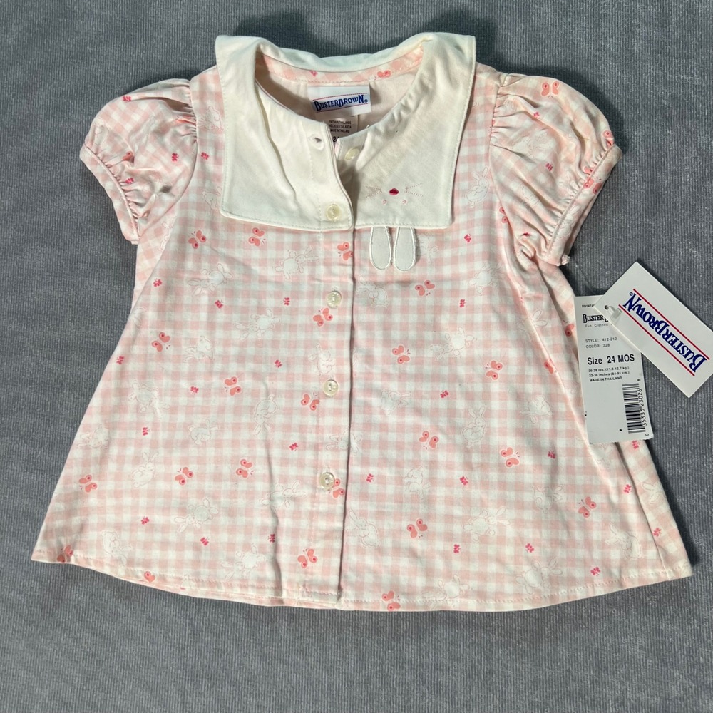 Vtg Buster Brown Pink Gingham Bunny Butterfly Sailor Collar Top 24 Months NWT